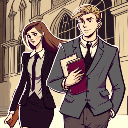 a cartoon of lawyer students 20 years old brown haired boy and blonde girl meets carrying books in old university of law becoming the best of friends