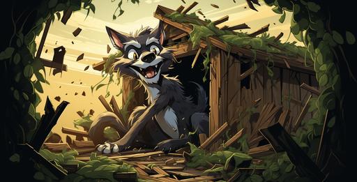 a cartoon picture of a cartoon wolf character trying to blow down a straw house, in the style of caravaggism, reduction of canine anatomy, animated gifs, dripping paint, farm security administration aesthetics, disney animation, made of vines --ar 43:22 --q 2 --s 250
