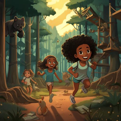 a cartoon playground in the forest with a black girl and other kids running toward it including cardboard animals