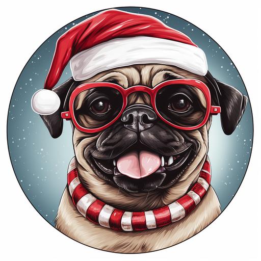 a cartoon pug dog, wearing a santa hat and dark sunglasses, with a candy cane in its mouth, inside of a circle with a white background