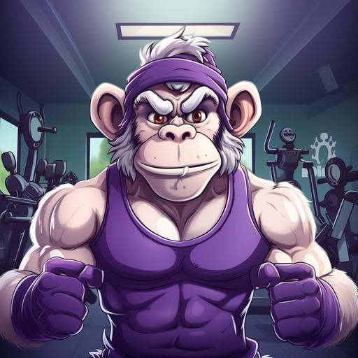 a cartoon purple monkey at the gym, wearing a white sweat band,