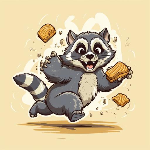 a cartoon racoon sneakily running off with a loaf of challah