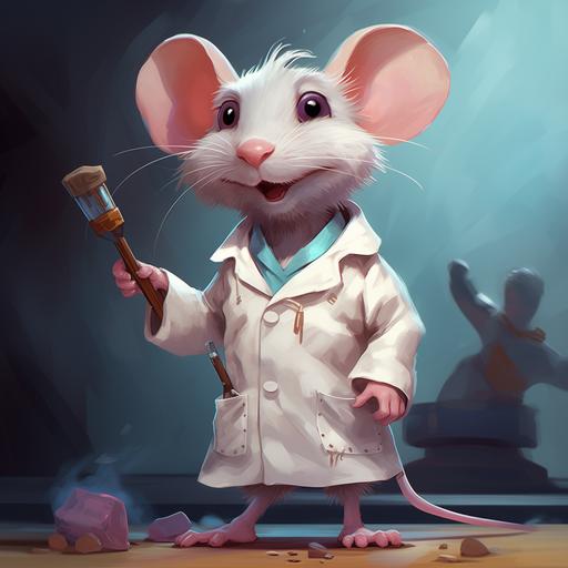 a cartoon rat in lab coat standing, holding a painting brush