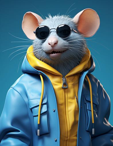 a cartoon rat with blue coat and glasses wears blue jacket, in the style of realistic fantasy artwork, animated gifs, charming characters --ar 24:31