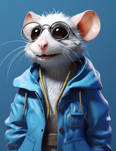 a cartoon rat with blue coat and glasses wears blue jacket, in the style of realistic fantasy artwork, animated gifs, charming characters --ar 24:31