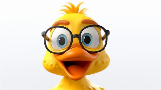 a cartoon rubber duck, with a smiling beak and glasses on his nose, Pixar style, 3D animation, white background --ar 16:9