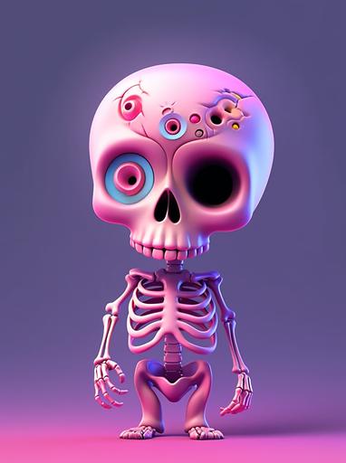 a cartoon skeleton standing in front of a purple background, by Trevor Brown, zbrush central contest winner, beautiful pink little alien skeleton, beeple. hyperrealism, sugar skull, 3d still designs, realism | beeple, with a large head and big eyes, toy art, alex yanes, super detailed and realistic --niji 5  --stylize 200 --ar 55:74