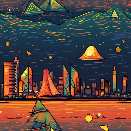 a cartoon sketch of a giant samosa hovering over the arabian sea. mumbai's skyline in the background. neon colors --tile