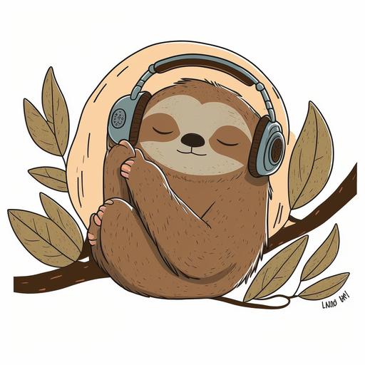 a cartoon sleepy sloth with oversized headphones and a contented expression: sloth who's clearly enjoying some downtime, relaxing with oversized headphones on its ears. Its eyes are half-closed in a contented expression, and its claws are resting on a branch or tree limb. The headphones could be brightly colored and cartoonish, drawing attention to the sloth's relaxed state and whimsical nature. This sticker is perfect for anyone who loves to take it easy and unwind, or who simply appreciates the cuteness and quirkiness of sloths!