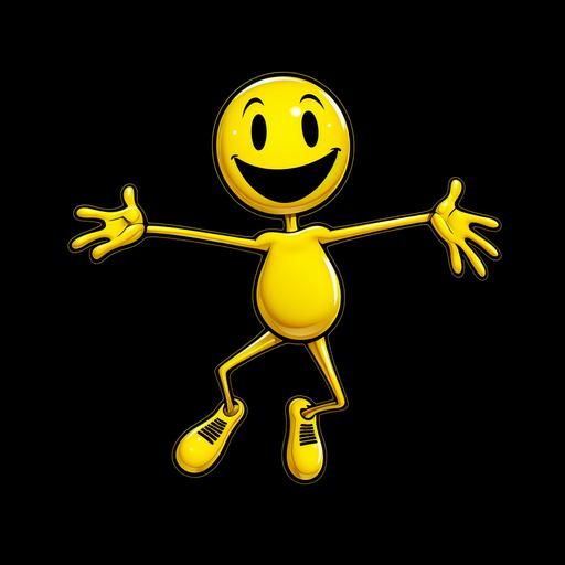 a cartoon smiley face, bright yellow, made to look like a human with arms and legs, no background, black background. 8k cartoon style drawing