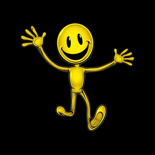 a cartoon smiley face, bright yellow, made to look like a human with arms and legs, no background, black background. 8k cartoon style drawing