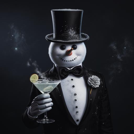 a cartoon snowman wearing a top hat, holding a vodka martini.