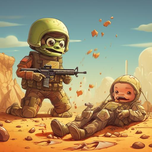 a cartoon soldier accidentally shooting his friend