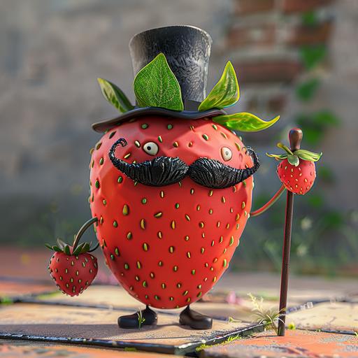 a cartoon strawberry wearng top hat and monocie, sporting a handlebar mustache, and holding a tiny cane