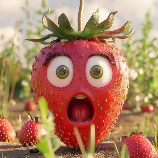 a cartoon strawberry with exaggerated eyebrows and a wide spread, surprised mouth, as if it just heard a hilarious joke