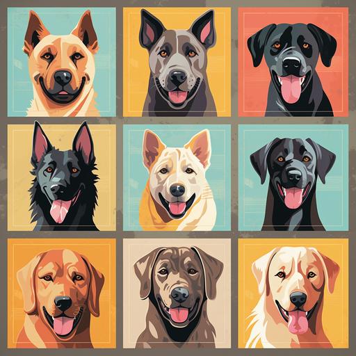 a cartoon-style book cover that features a grid of 4x4, making up 16 tiles. Each tile showcases a different breed of dog in a distinct and fun pose that captures the breed's unique characteristics. From top to bottom, left to right, the breeds represented are: Labrador Retriever German Shepherd Golden Retriever French Bulldog Bulldog Poodle Beagle Rottweiler Yorkshire Terrier Boxer Dachshund Siberian Husky Pembroke Welsh Corgi Doberman Pinscher Great Dane Bichon Frise Each tile's background color subtly differs to create a dynamic and vibrant mosaic. The title of the book is placed at the top of the cover in a playful font that appeals to kids. The author's name sits at the bottom of the cover, anchoring the colorful grid of canines --v 5.1 --q 2