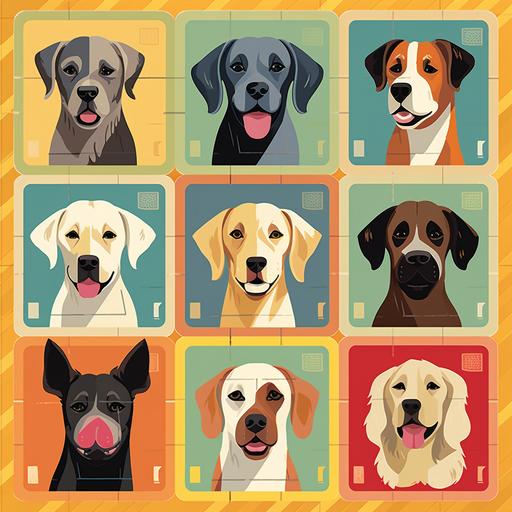 a cartoon-style book cover that features a grid of 4x4, making up 16 tiles. Each tile showcases a different breed of dog in a distinct and fun pose that captures the breed's unique characteristics. From top to bottom, left to right, the breeds represented are: Labrador Retriever, Bichon Frise, German Shepherd, Golden Retriever, French Bulldog, Bulldog, Poodle, Beagle, Rottweiler, Yorkshire Terrier, Boxer, Dachshund, Siberian Husky, Pembroke, Welsh Corgi, Doberman, Pinscher, Great Dane. Each tile's background color subtly differs to create a dynamic and vibrant mosaic. The title of the book is placed at the top of the cover in a playful font that appeals to kids. The author's name sits at the bottom of the cover, anchoring the colorful grid of canines --v 5.1 --q 2