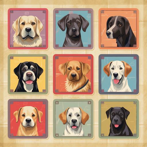a cartoon-style book cover that features a grid of 4x4, making up 16 tiles. Each tile showcases a different breed of dog in a distinct and fun pose that captures the breed's unique characteristics. From top to bottom, left to right, the breeds represented are: Labrador Retriever, Bichon Frise, German Shepherd, Golden Retriever, French Bulldog, Bulldog, Poodle, Beagle, Rottweiler, Yorkshire Terrier, Boxer, Dachshund, Siberian Husky, Pembroke, Welsh Corgi, Doberman, Pinscher, Great Dane. Each tile's background color subtly differs to create a dynamic and vibrant mosaic. The title of the book is placed at the top of the cover in a playful font that appeals to kids. The author's name sits at the bottom of the cover, anchoring the colorful grid of canines --v 5.1 --q 2