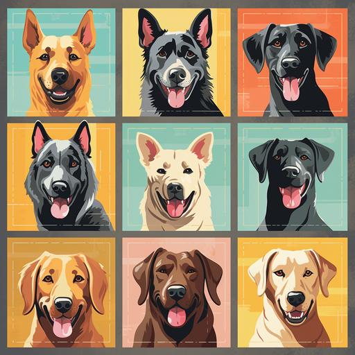 a cartoon-style book cover that features a grid of 4x4, making up 16 tiles. Each tile showcases a different breed of dog in a distinct and fun pose that captures the breed's unique characteristics. From top to bottom, left to right, the breeds represented are: Labrador Retriever German Shepherd Golden Retriever French Bulldog Bulldog Poodle Beagle Rottweiler Yorkshire Terrier Boxer Dachshund Siberian Husky Pembroke Welsh Corgi Doberman Pinscher Great Dane Bichon Frise Each tile's background color subtly differs to create a dynamic and vibrant mosaic. The title of the book is placed at the top of the cover in a playful font that appeals to kids. The author's name sits at the bottom of the cover, anchoring the colorful grid of canines --v 5.1 --q 2