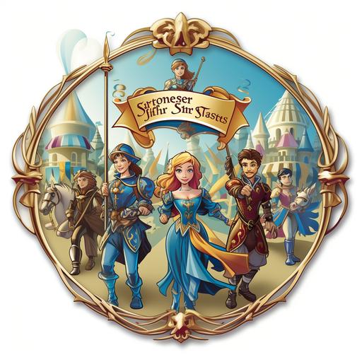 a cartoon styled cgi rendered logo vignette kids of a renaissance fair with knights jousting and fair maidens and a may pole gold teal magenta colbalt
