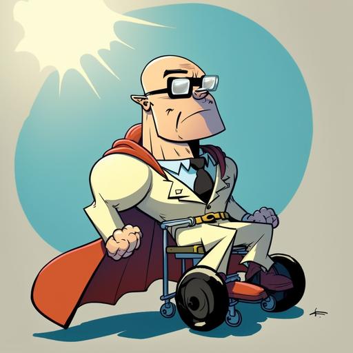 a cartoon super hero, large head, glasses, bald, lab coat,powered wheelchair, cartoon style, hanna barbera style