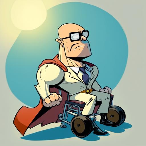 a cartoon super hero, large head, glasses, bald, lab coat,powered wheelchair, cartoon style, hanna barbera style