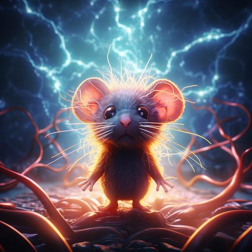 a cartoon supermouse with a radiation sign, with a neuron and its axons growing towards us