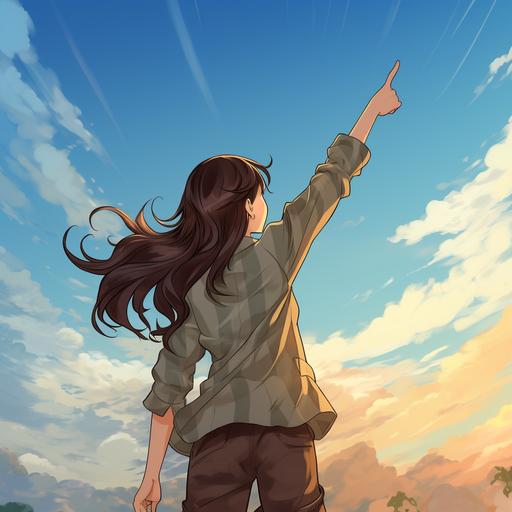 a cartoon woman outside pointing at the sky, long brown hair, facing the opposite direction, view of the back of their body, arm extending up towards the sky with pointer finger out, aesthetically pleasing, UHD