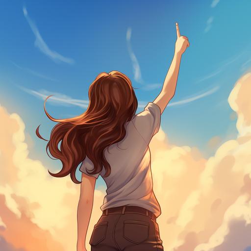 a cartoon woman outside pointing at the sky, long brown hair, facing the opposite direction, view of the back of their body, arm extending up towards the sky with pointer finger out, aesthetically pleasing, UHD