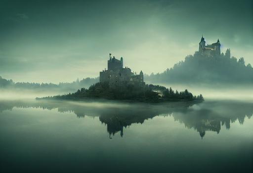 a castle isolated in the center of a lake, the fog makes the castle like suspended in the sky and bordered by green floating mountains. gradients of gold and navy blue. hyper-surreal, highly detailed. Ultra-Wide Angle, Depth of Field. Octane render, Intricate details. optical illusion. Hyper-details. --testp --ar 64:32 --s 5000 --upbeta