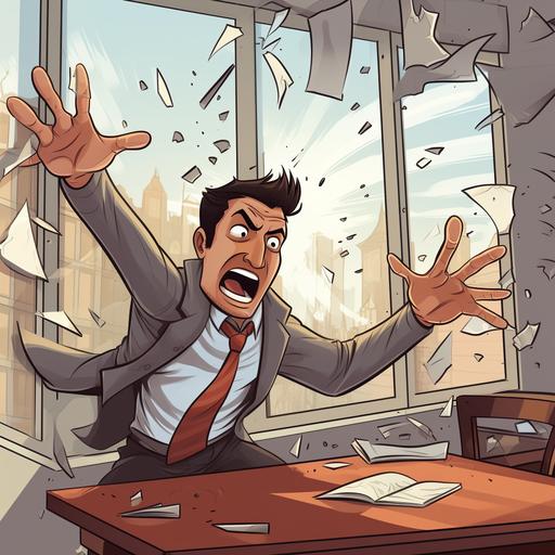 a casual office worker throws a table through a window in disgust