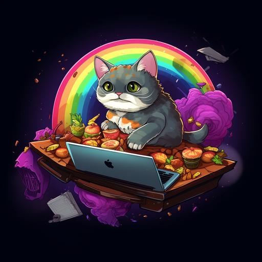 a cat flying in space on a burrito eating a rainbow colored burrito while typing on a laptop. cartoon