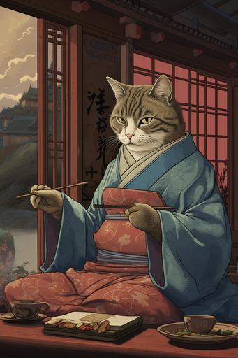 a cat in a japanese art print is eating noodles, in the style of anime-inspired character designs, neogeo, greg olsen, neo-traditionalist, traditional techniques reimagined, traditional animation, tarot card, bauhaus-core, --ar 2:3