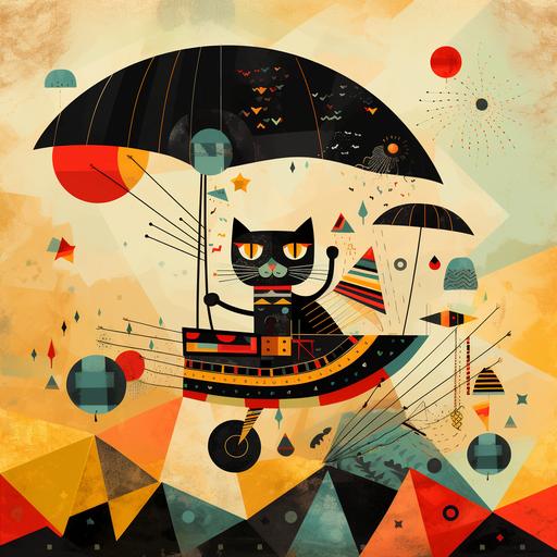 a cat in a parachute that looks like a piano jumping out of a flying guitar falling silent landing loud in the style of miro and kandinsky