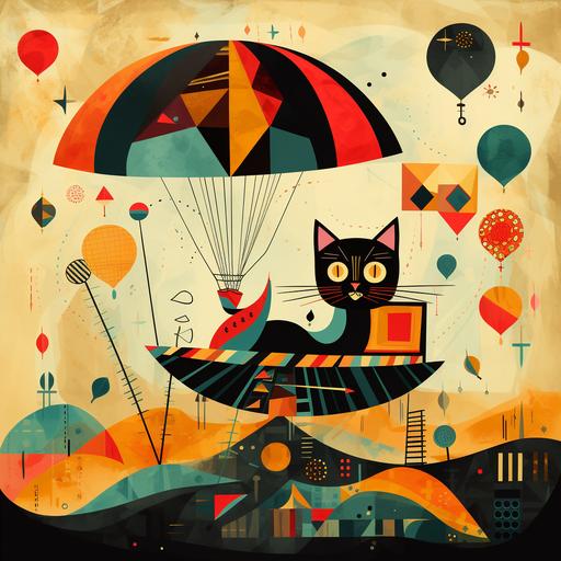 a cat in a parachute that looks like a piano jumping out of a flying guitar falling silent landing loud in the style of miro and kandinsky