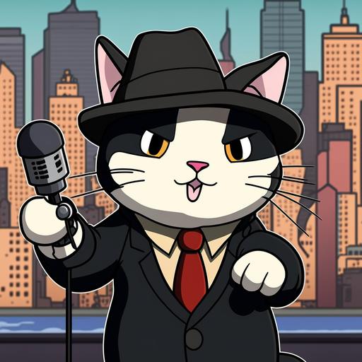 a cat in a tuxedo and baseball cap holding a microphone in its paws. The cat is looking directly into the camera and appears very confident and professional, as if it is ready to report the latest news to the audience. The background of the avatar features a city skyline with skyscrapers and 