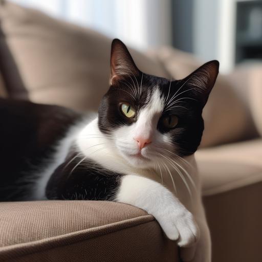 a cat lies on a couch, in the style of dark brown and white, close up. cat tax. --v 5