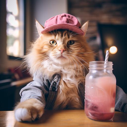 a cat taking a selfie of himself with a pink ribbon in the head, holding a kombucha glass bottle