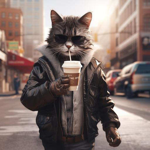 a cat walking in the streets of a city, cup of iced Americano in one hand, wearing a sunglass, looking very cool, stepping out of a car