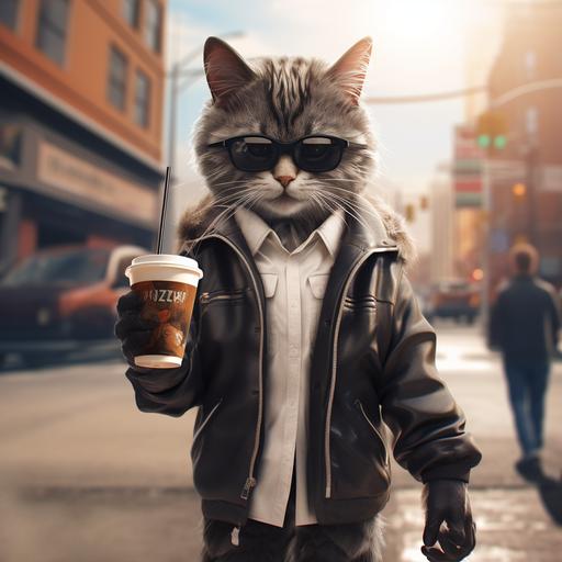 a cat walking in the streets of a city, cup of iced Americano in one hand, wearing a sunglass, looking very cool, stepping out of a car