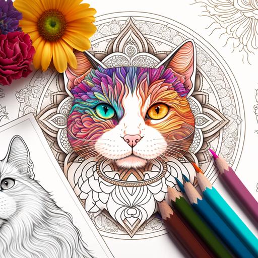 a cat winking as in a coloring book with a mandala in the background