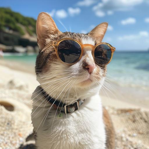 a cat with sunglasses at the beach