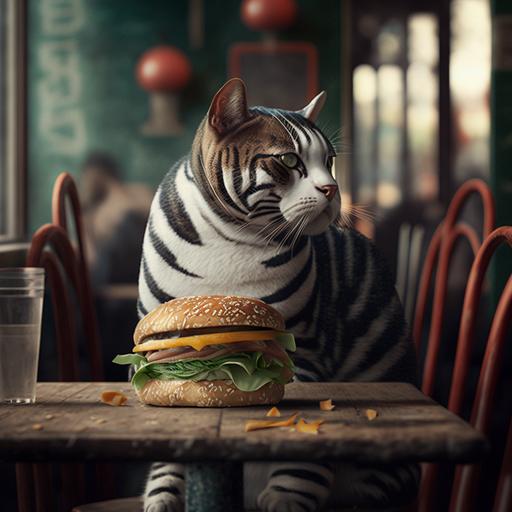 a cat with zebra's ears eating a burguer in a restaurant