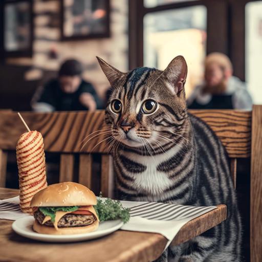a cat with zebra's ears eating a burguer in a restaurant