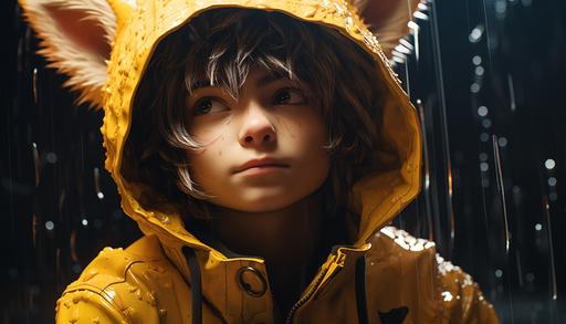 a catboy in the rain wearing a yellow rain jacket. ultrarealistic --ar 7:4 --s 200