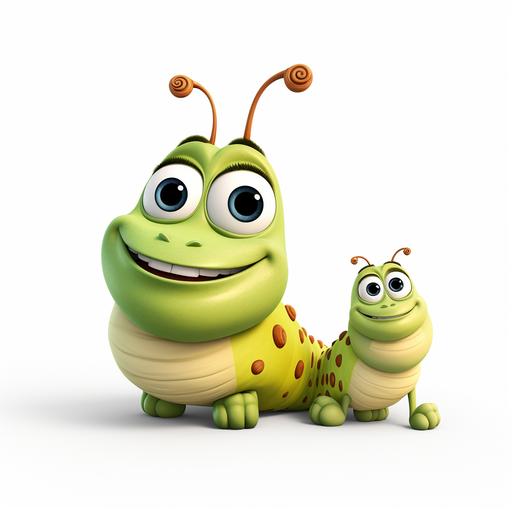 a caterpillar with a baby caterpillar, cartoon style, disney style, white backround, high quality, 3d rendered