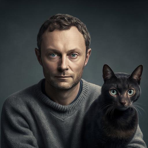 a caucasian male, 44 years old but looks a bit younger. in good shape. short brown hair, with slightly receding temples. he wears blue jeans and a grey jumper. he looks slightly depressed. he is with his best friend - a cheeky black cat