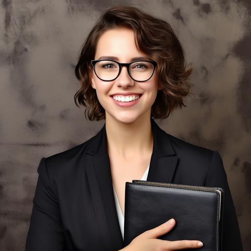 a caucasian woman with brown hair and glasses in a modern business suit holding a closed black leather folder and smiling