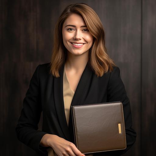 a caucasian woman with light brown hair in a modern business suit holding a closed black leather folder and smiling