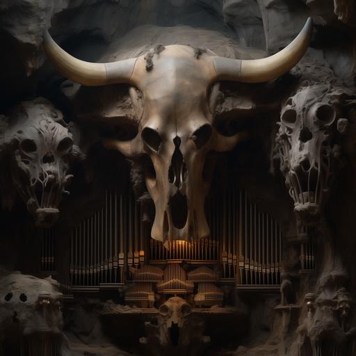 a cave with a organ carved into the rock face that has a buffalo sitting and playing it. the organ should have flames and fire coming out of the top of the pipes. photo real hyper detail